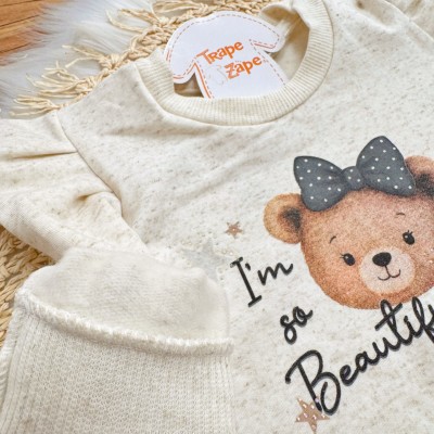 Conj. Blusa Moletom de Linho I'm So Beautiful e Calça Ursinhas - Areia e Preto